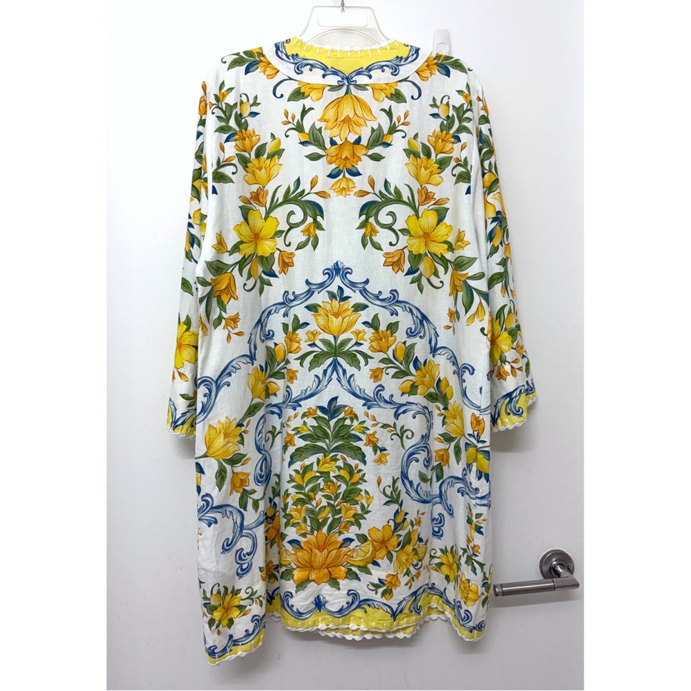 Farm Rio Sicily Scarf Lemon Print Mini Dress Yellow Fruit Floral Linen L - Picture 12 of 16